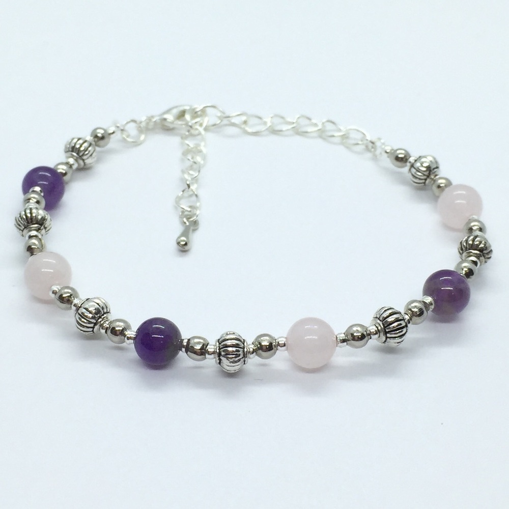 Rose Quartz and Amethyst Gemstone Silver Bracelet